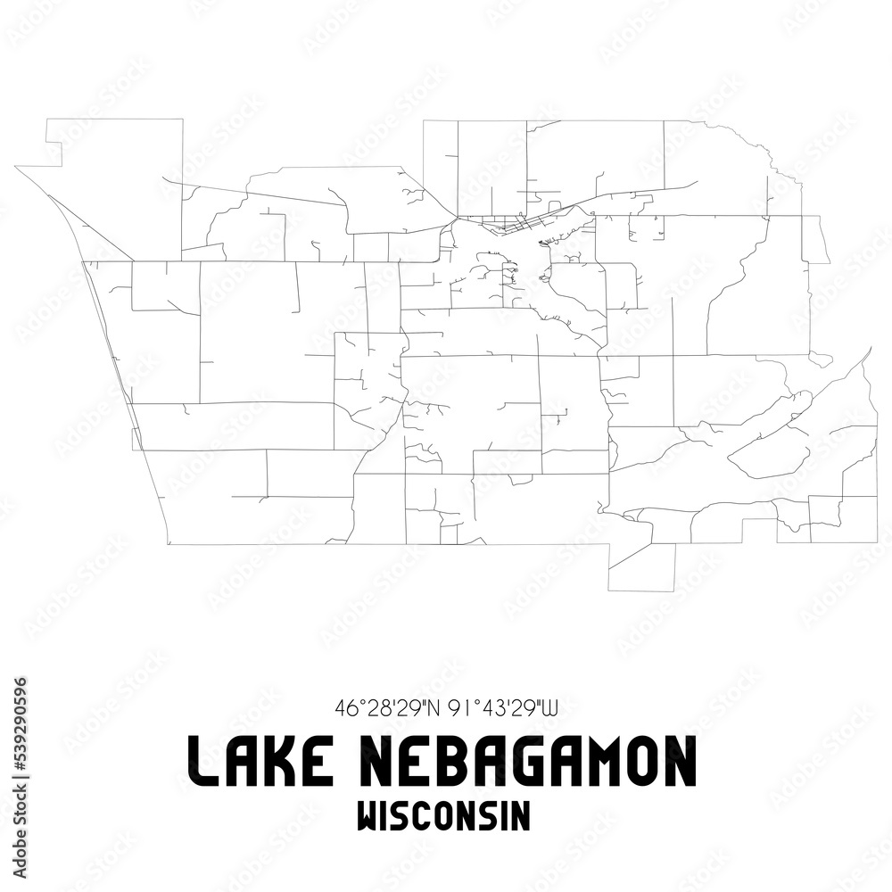 Lake Nebagamon Wisconsin. US street map with black and white lines.
