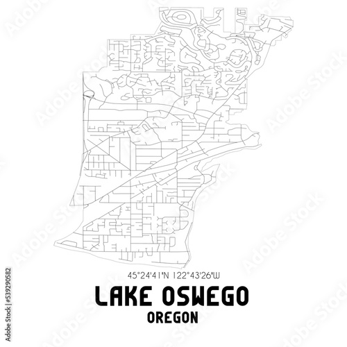 Lake Oswego Oregon. US street map with black and white lines.