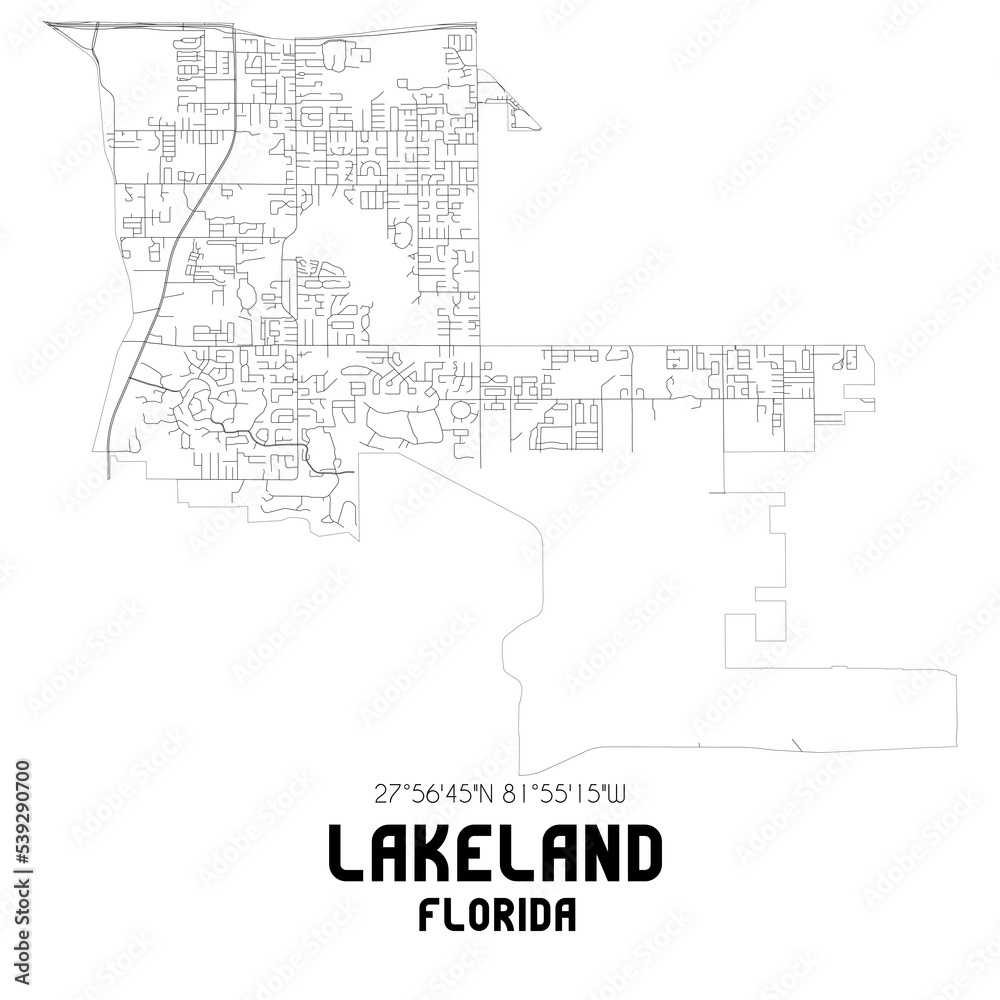 Lakeland Florida. US street map with black and white lines.