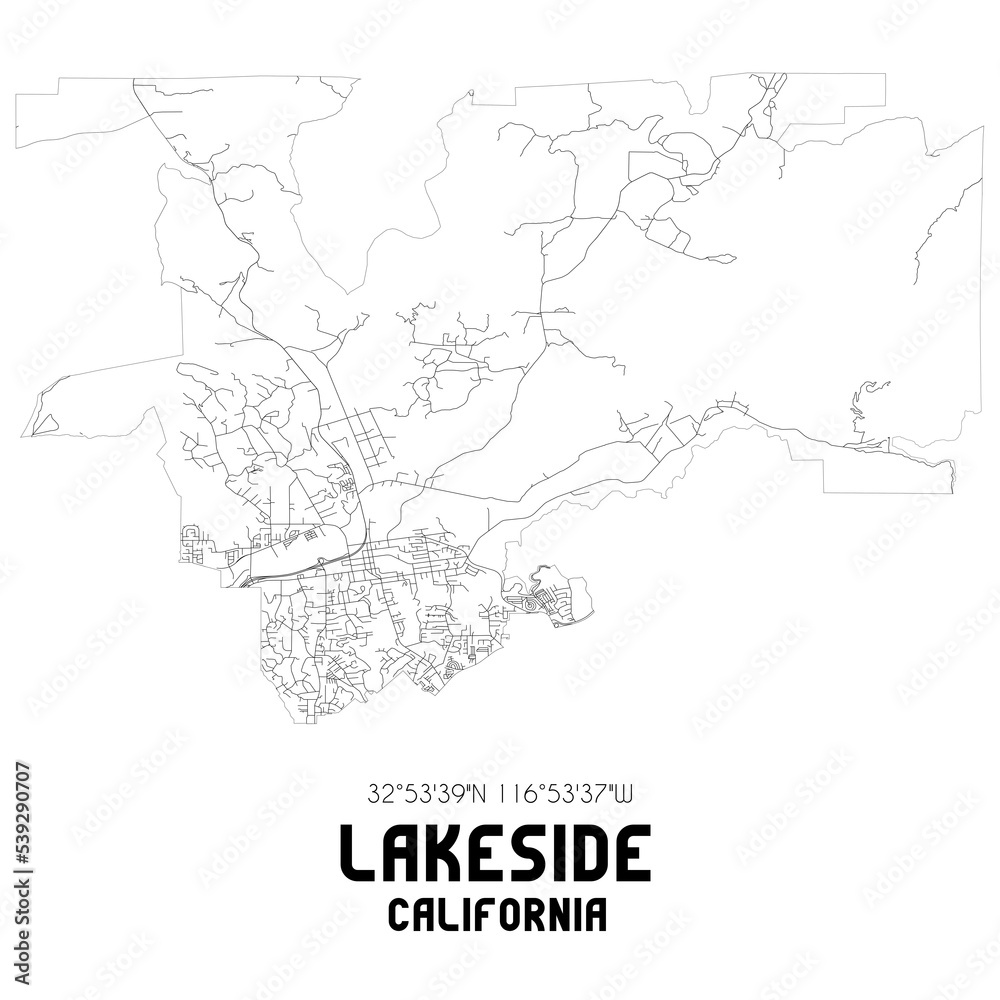 Lakeside California. US street map with black and white lines.