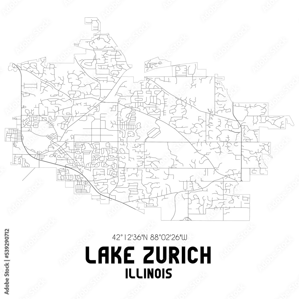 Lake Zurich Illinois. US street map with black and white lines.