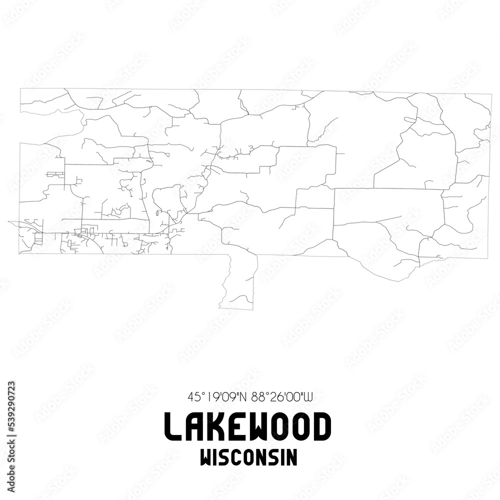 Lakewood Wisconsin. US street map with black and white lines.