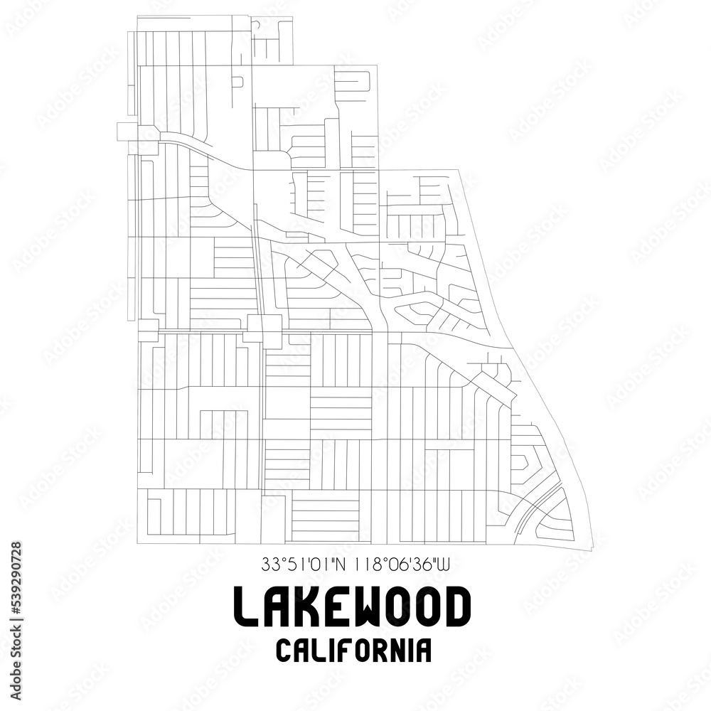 Lakewood California. US street map with black and white lines.