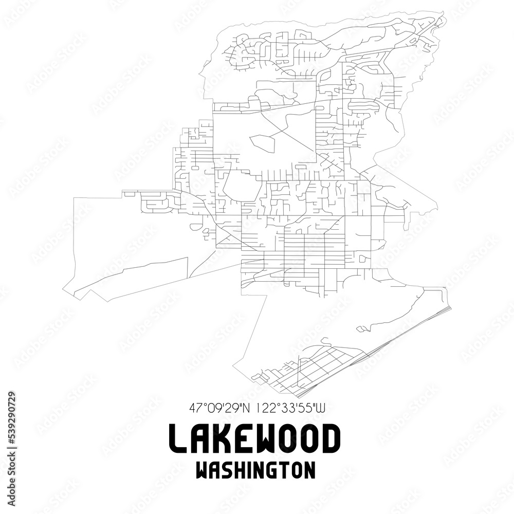 Lakewood Washington. US street map with black and white lines.