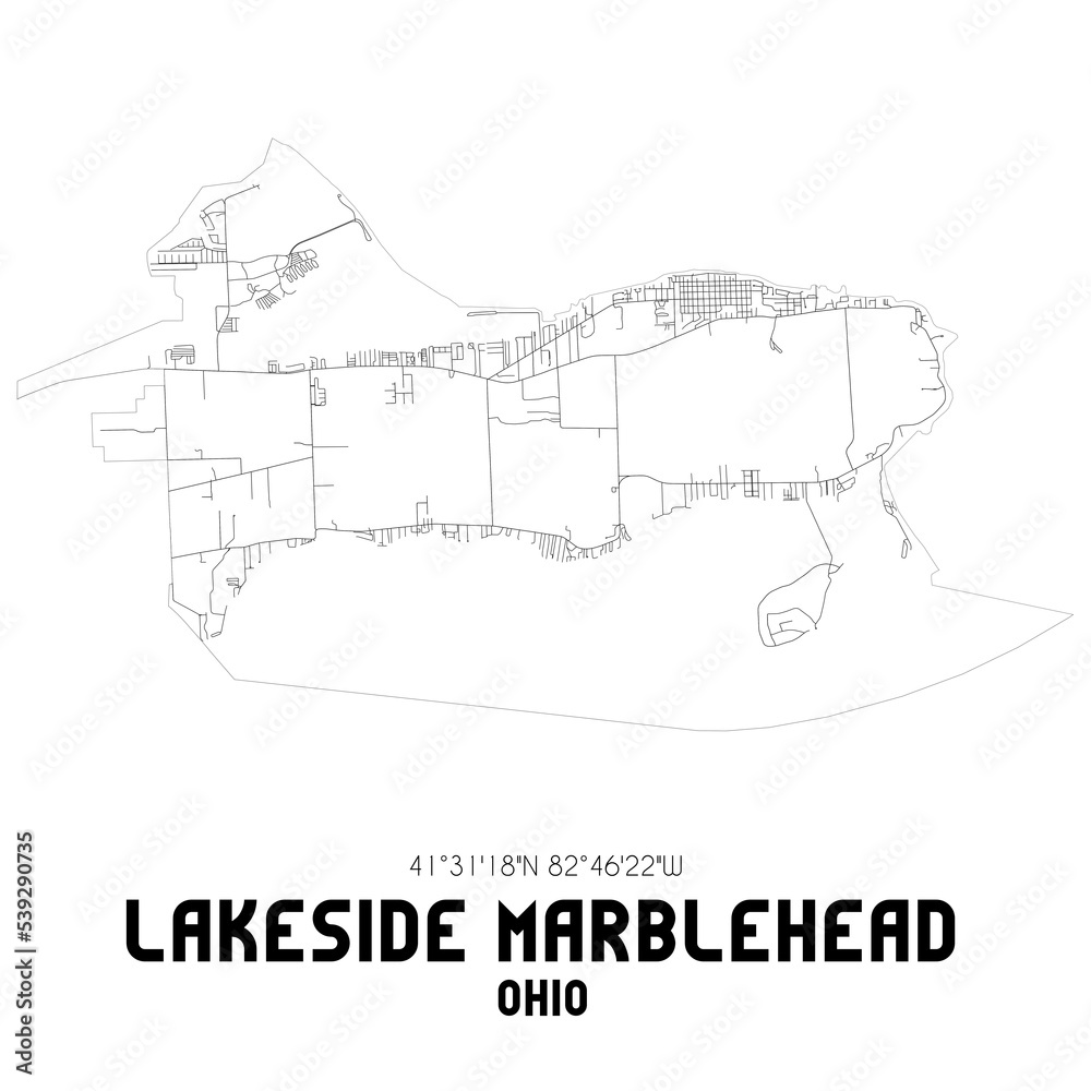 Lakeside Marblehead Ohio. US street map with black and white lines.