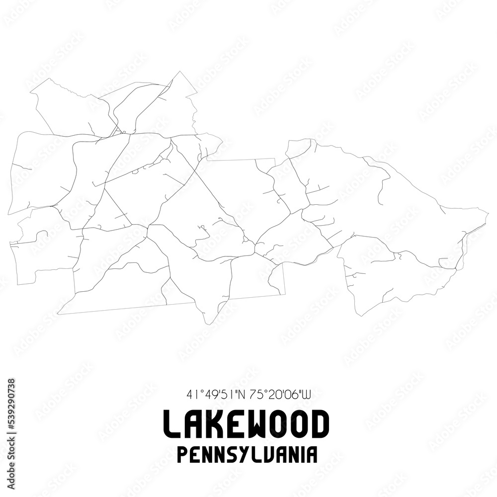 Lakewood Pennsylvania. US street map with black and white lines.