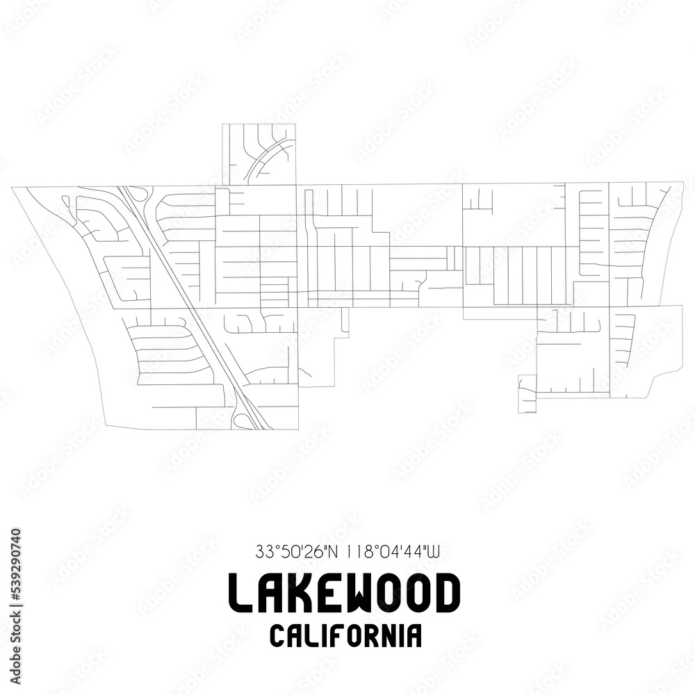 Lakewood California. US street map with black and white lines.