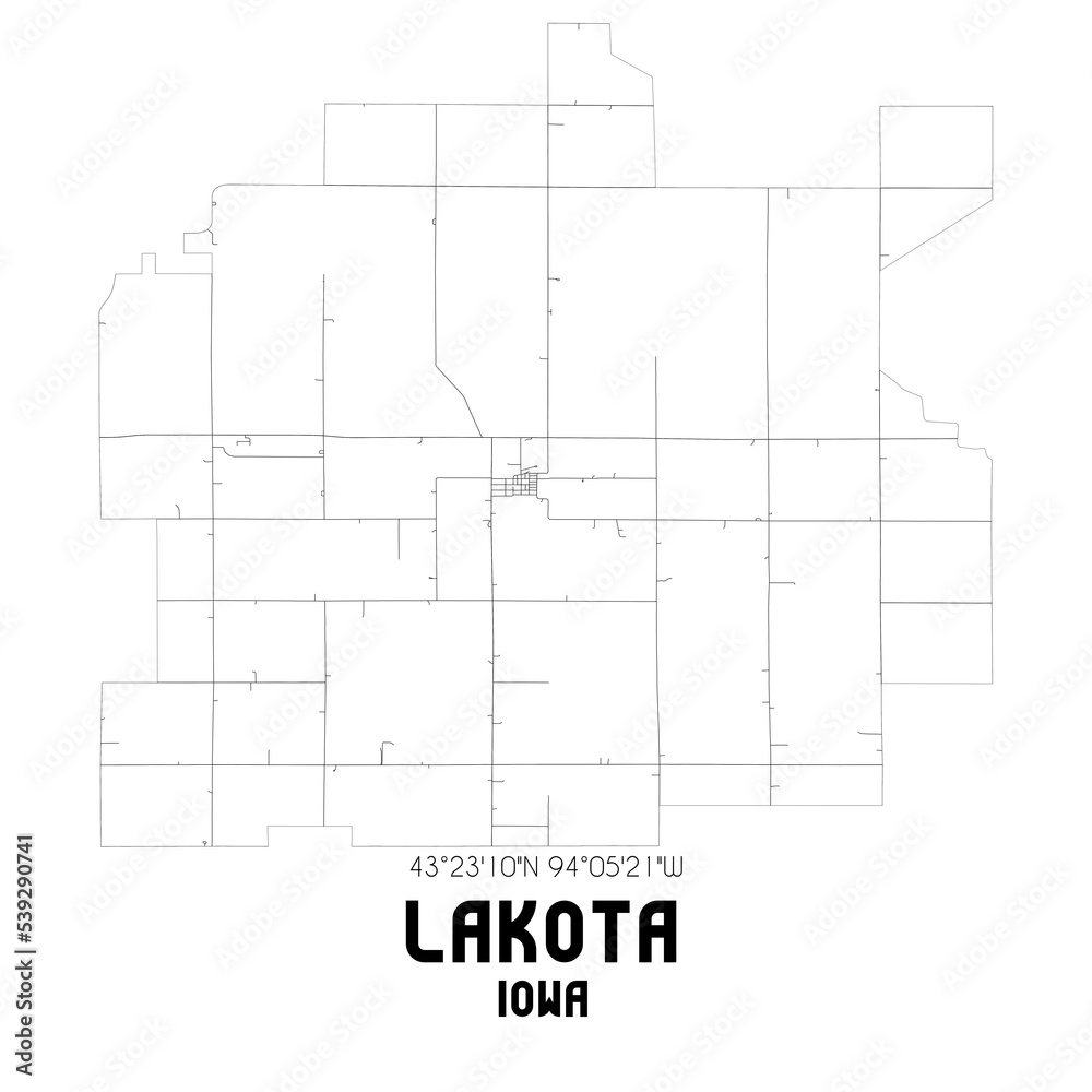 Lakota Iowa. US street map with black and white lines.