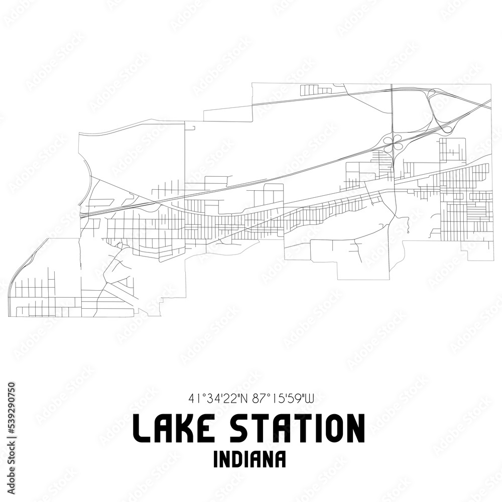 Lake Station Indiana. US street map with black and white lines.