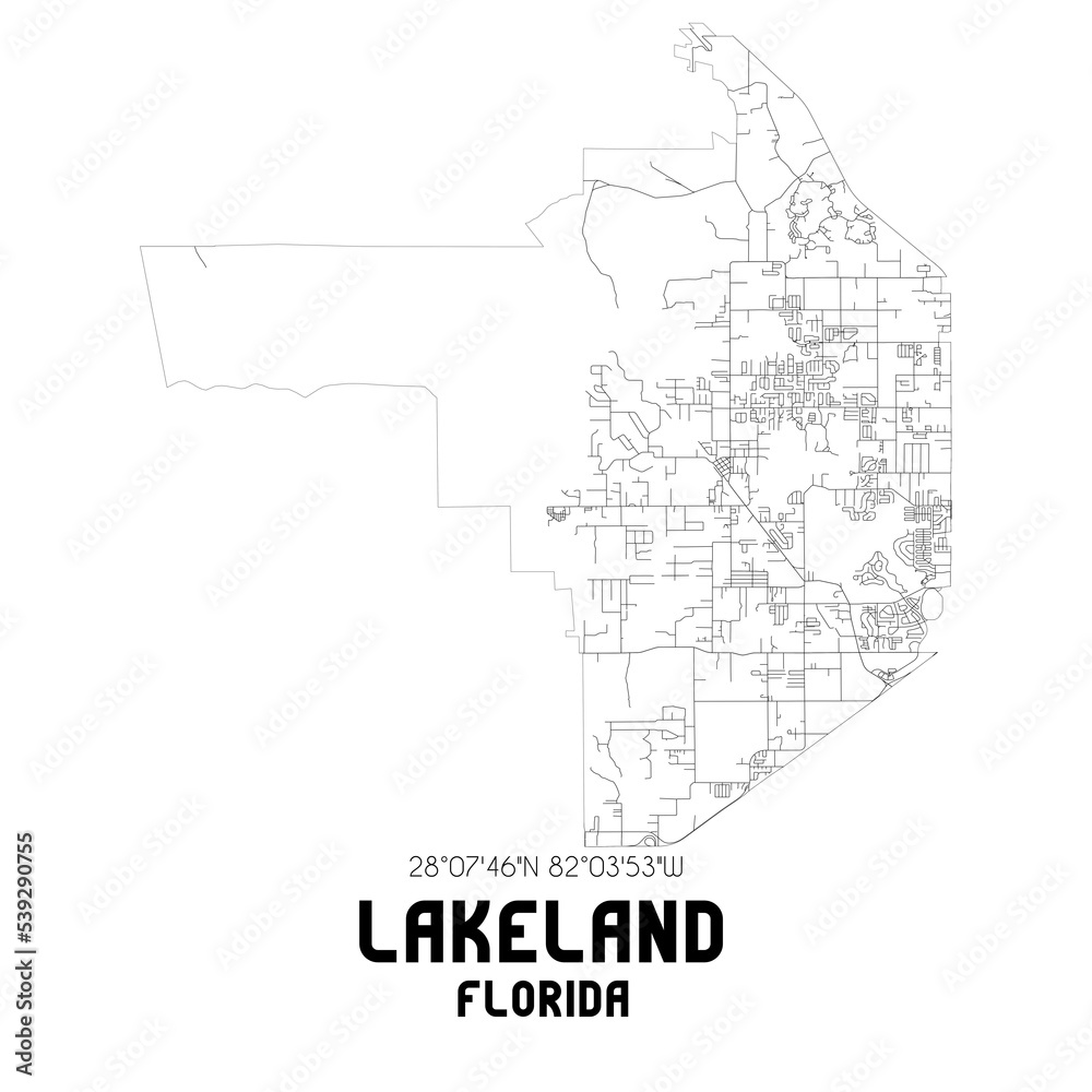 Lakeland Florida. US street map with black and white lines.