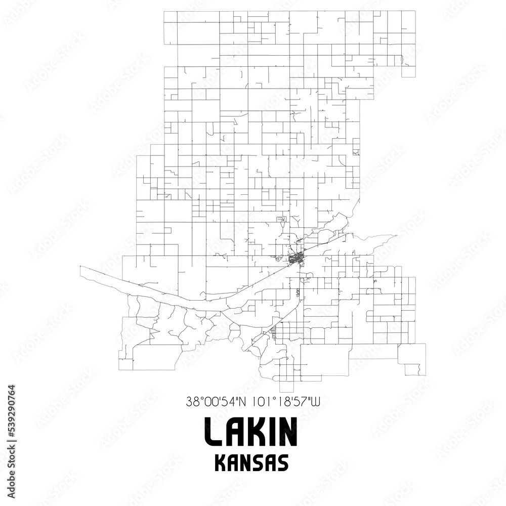 Lakin Kansas. US street map with black and white lines.