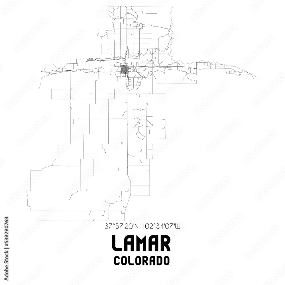 Lamar Colorado. US street map with black and white lines.