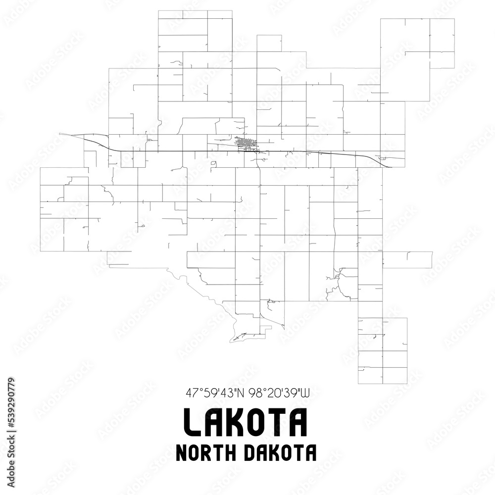 Lakota North Dakota. US street map with black and white lines.