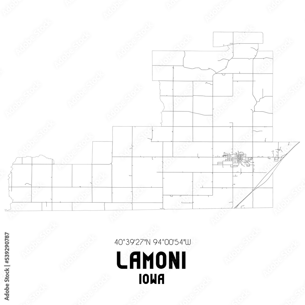 Lamoni Iowa. US street map with black and white lines.