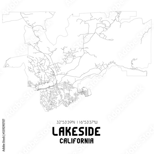 Lakeside California. US street map with black and white lines.