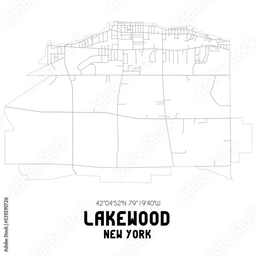 Lakewood New York. US street map with black and white lines.
