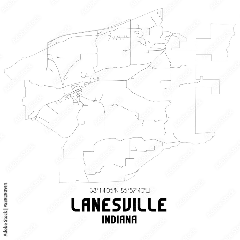Lanesville Indiana. US street map with black and white lines.