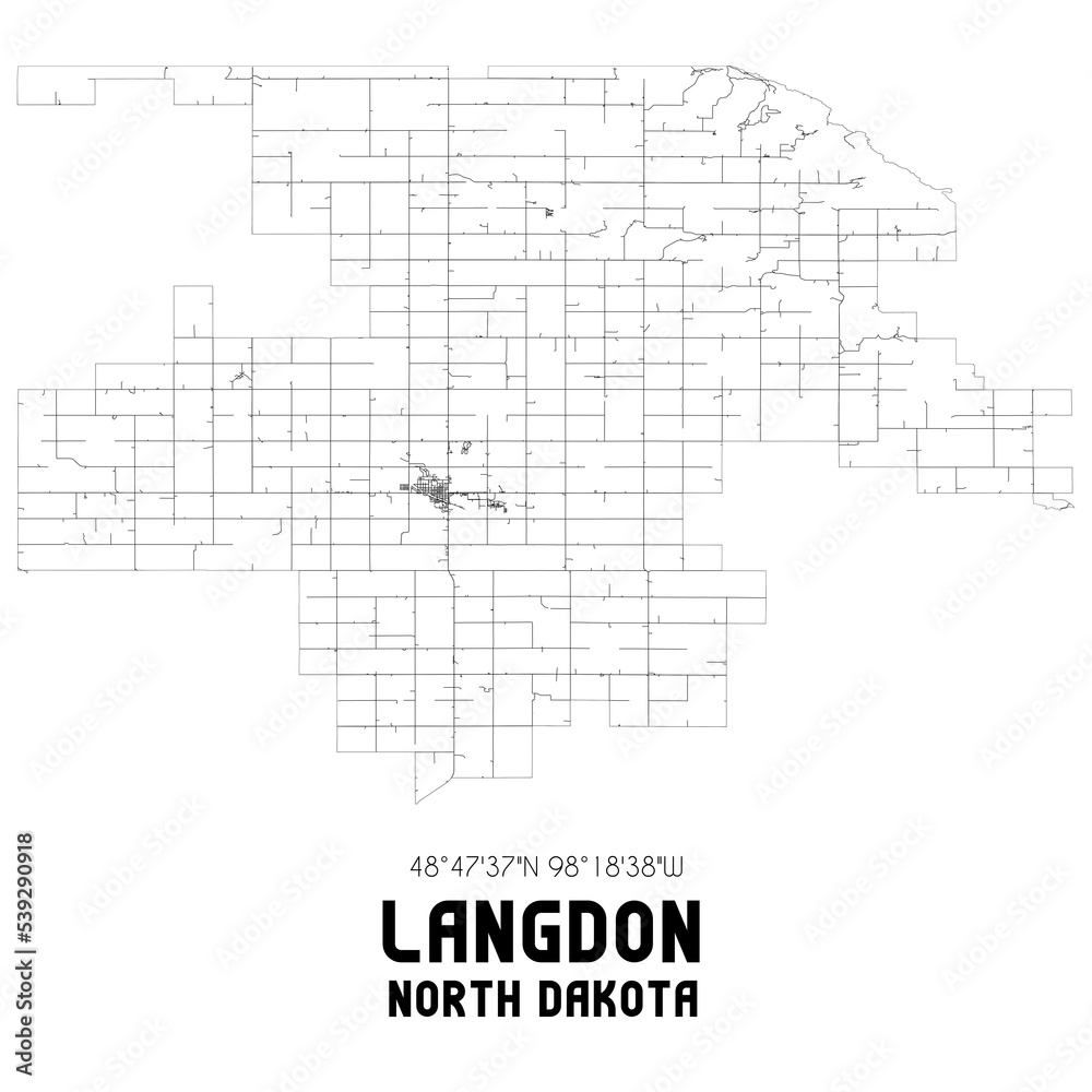 Langdon North Dakota. US street map with black and white lines.