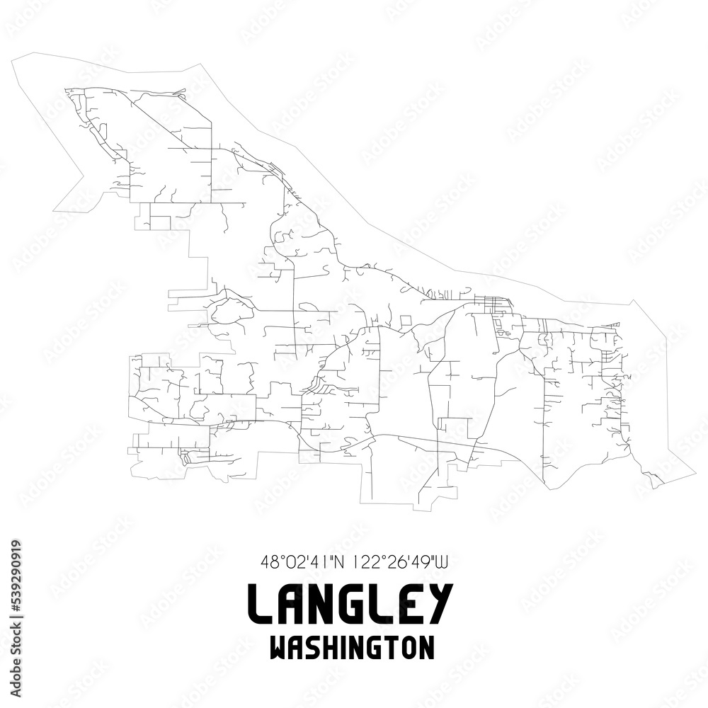 Langley Washington. US street map with black and white lines.
