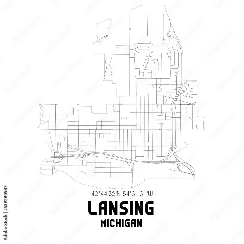 Lansing Michigan. US street map with black and white lines.