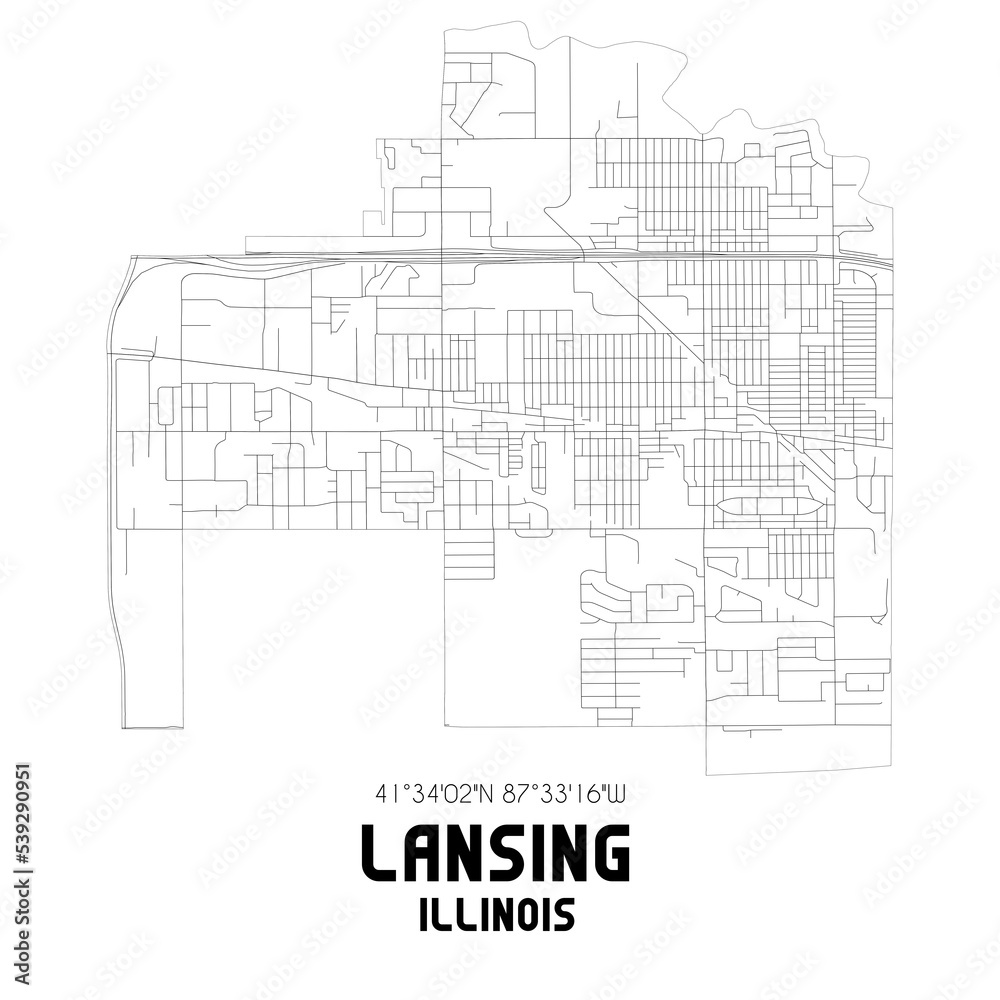 Lansing Illinois. US street map with black and white lines.