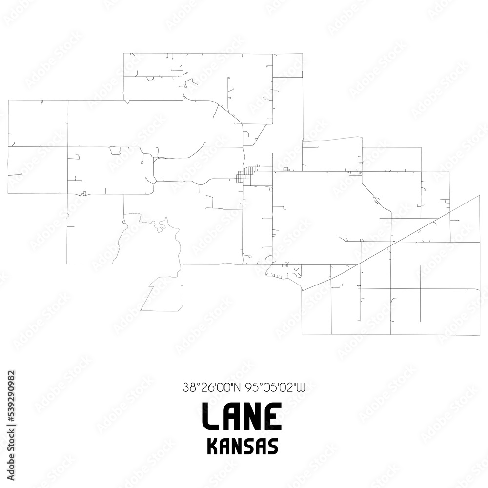 Lane Kansas. US street map with black and white lines.