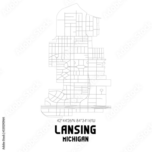 Lansing Michigan. US street map with black and white lines.