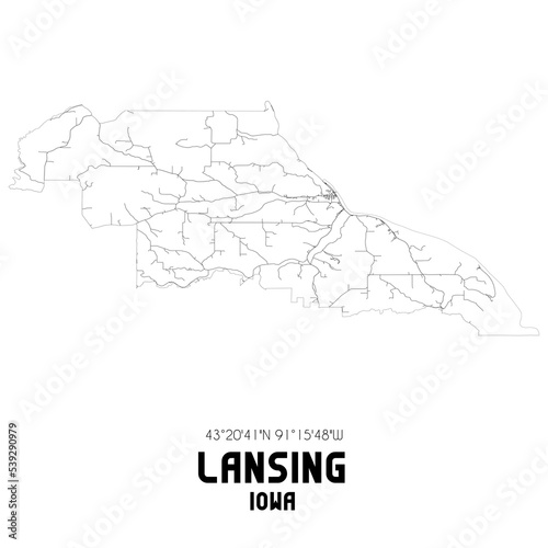 Lansing Iowa. US street map with black and white lines.