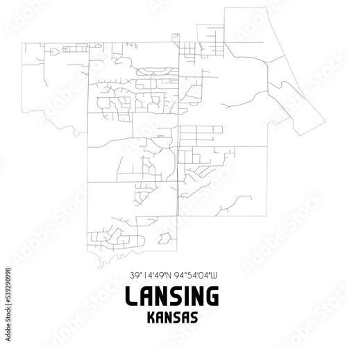 Lansing Kansas. US street map with black and white lines.