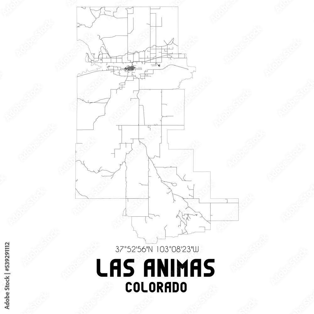 Las Animas Colorado. US street map with black and white lines.