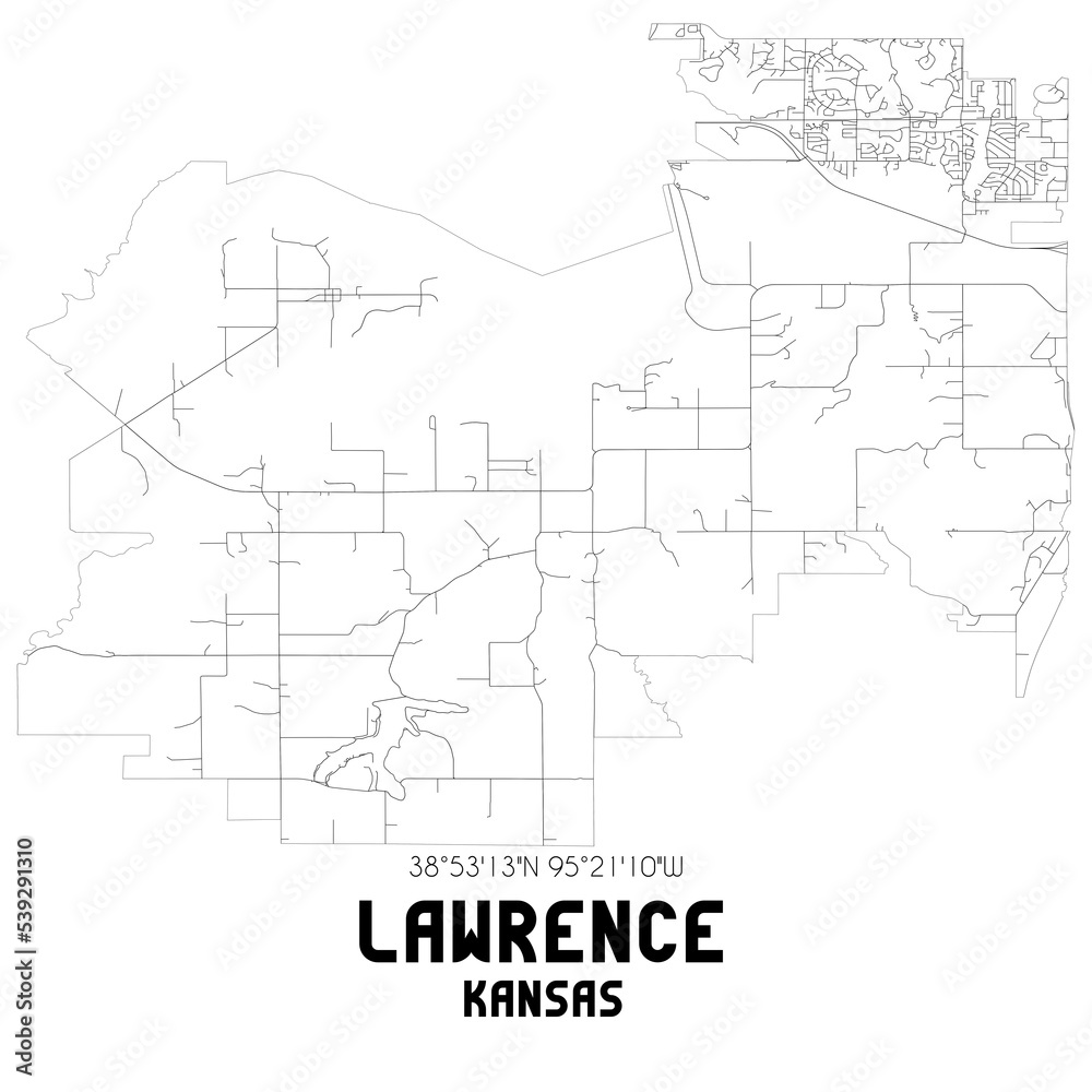 Lawrence Kansas. US street map with black and white lines.