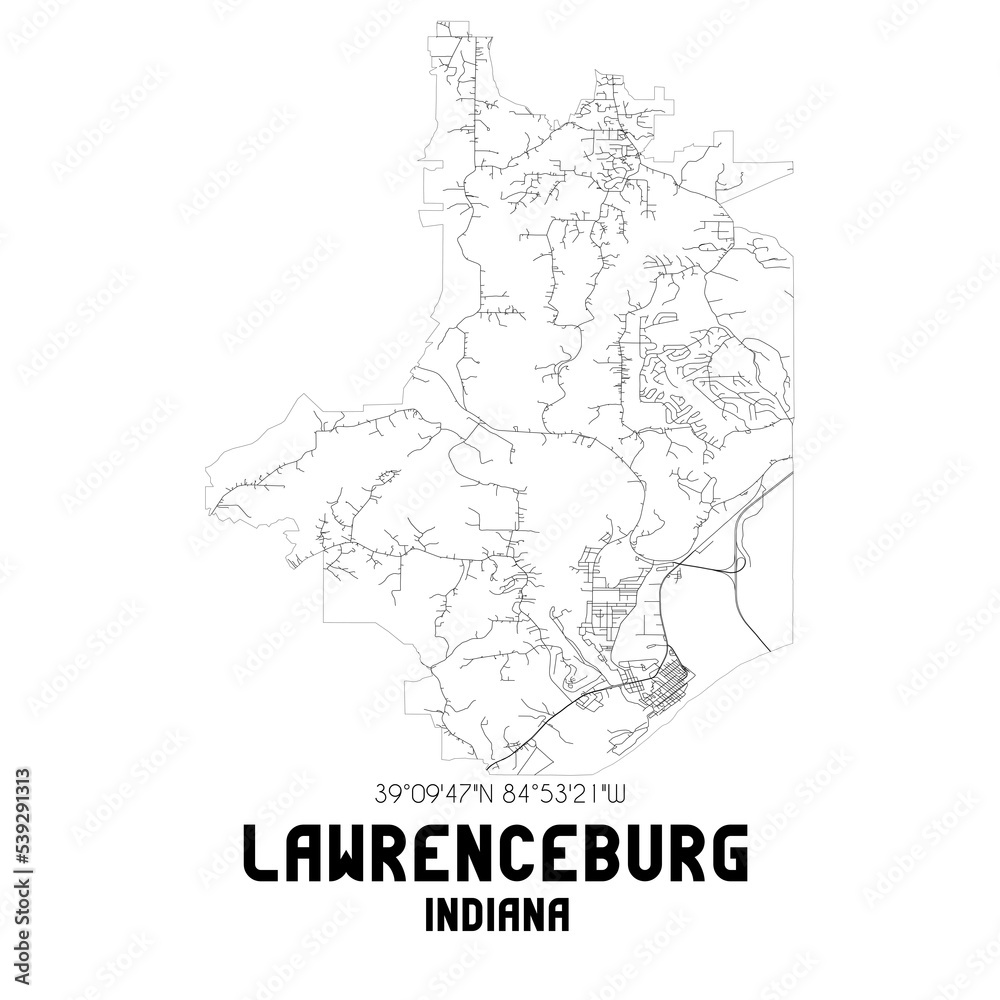 Lawrenceburg Indiana. US street map with black and white lines.