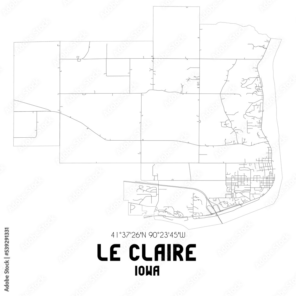 Le Claire Iowa. US street map with black and white lines.