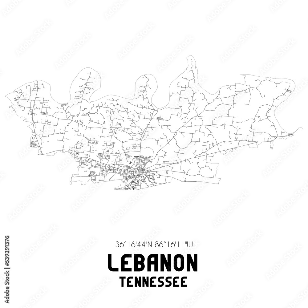 Lebanon Tennessee. US street map with black and white lines. Stock