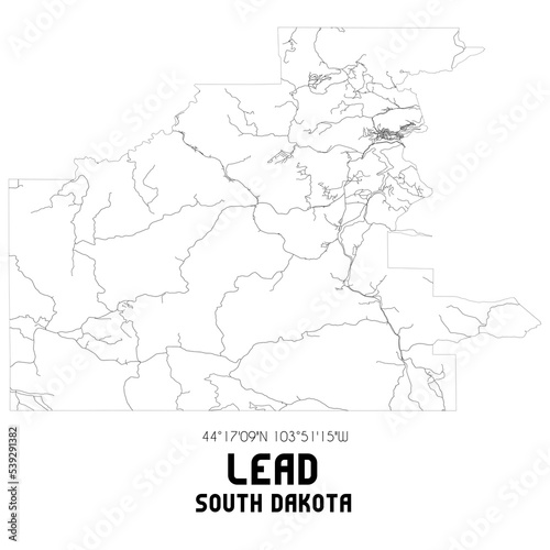 Lead South Dakota. US street map with black and white lines.