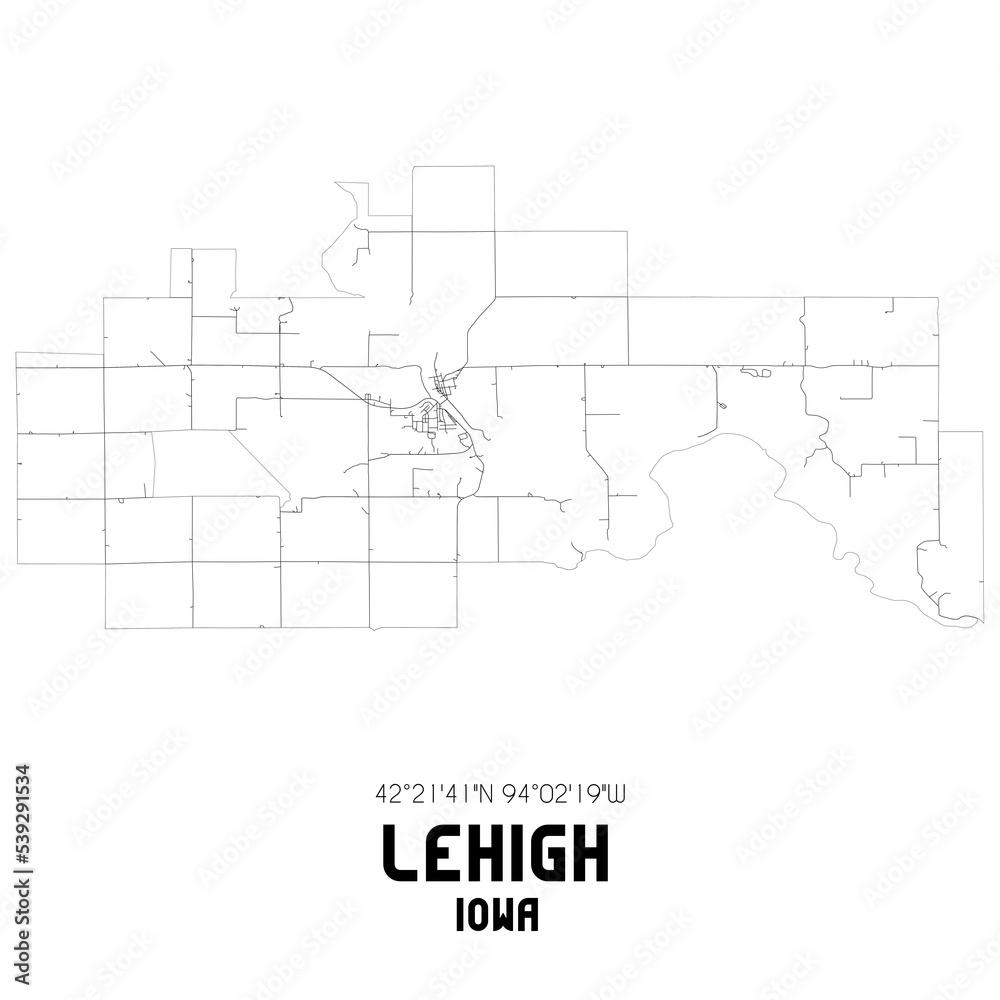 Lehigh Iowa. US street map with black and white lines.