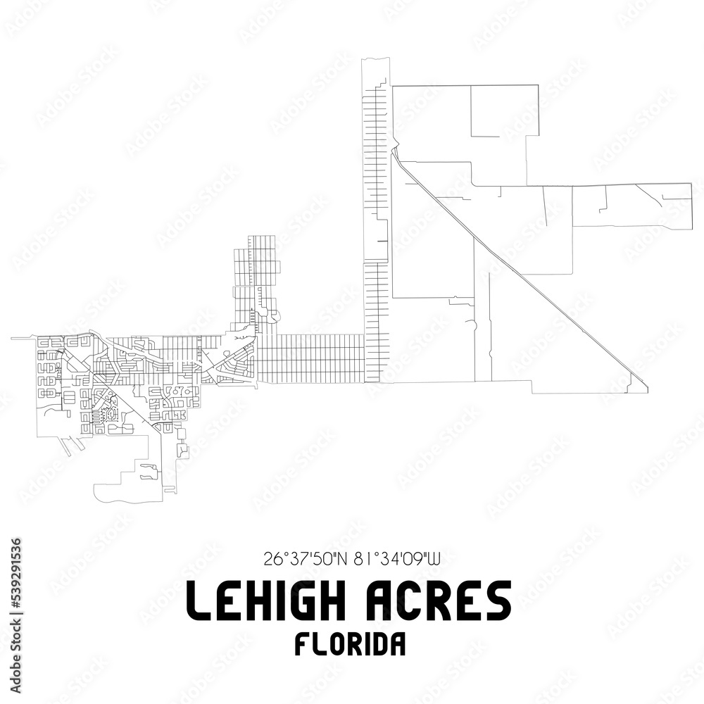Lehigh Acres Florida. US street map with black and white lines.
