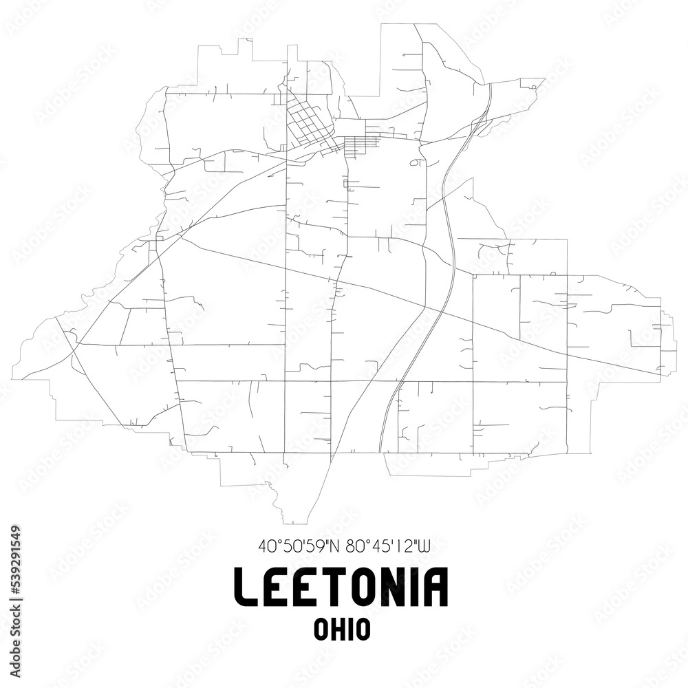 Leetonia Ohio. US street map with black and white lines.