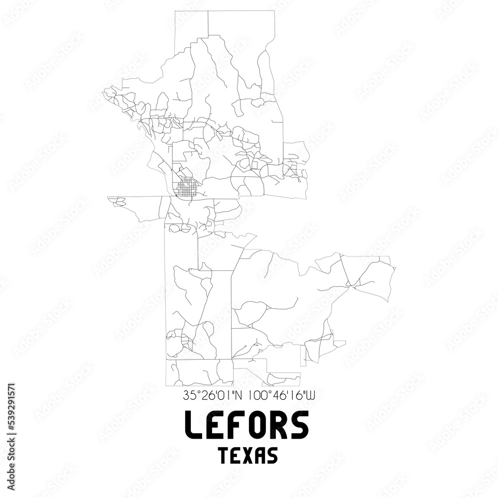 Lefors Texas. US street map with black and white lines.