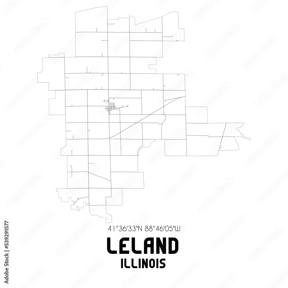 Leland Illinois. US street map with black and white lines.