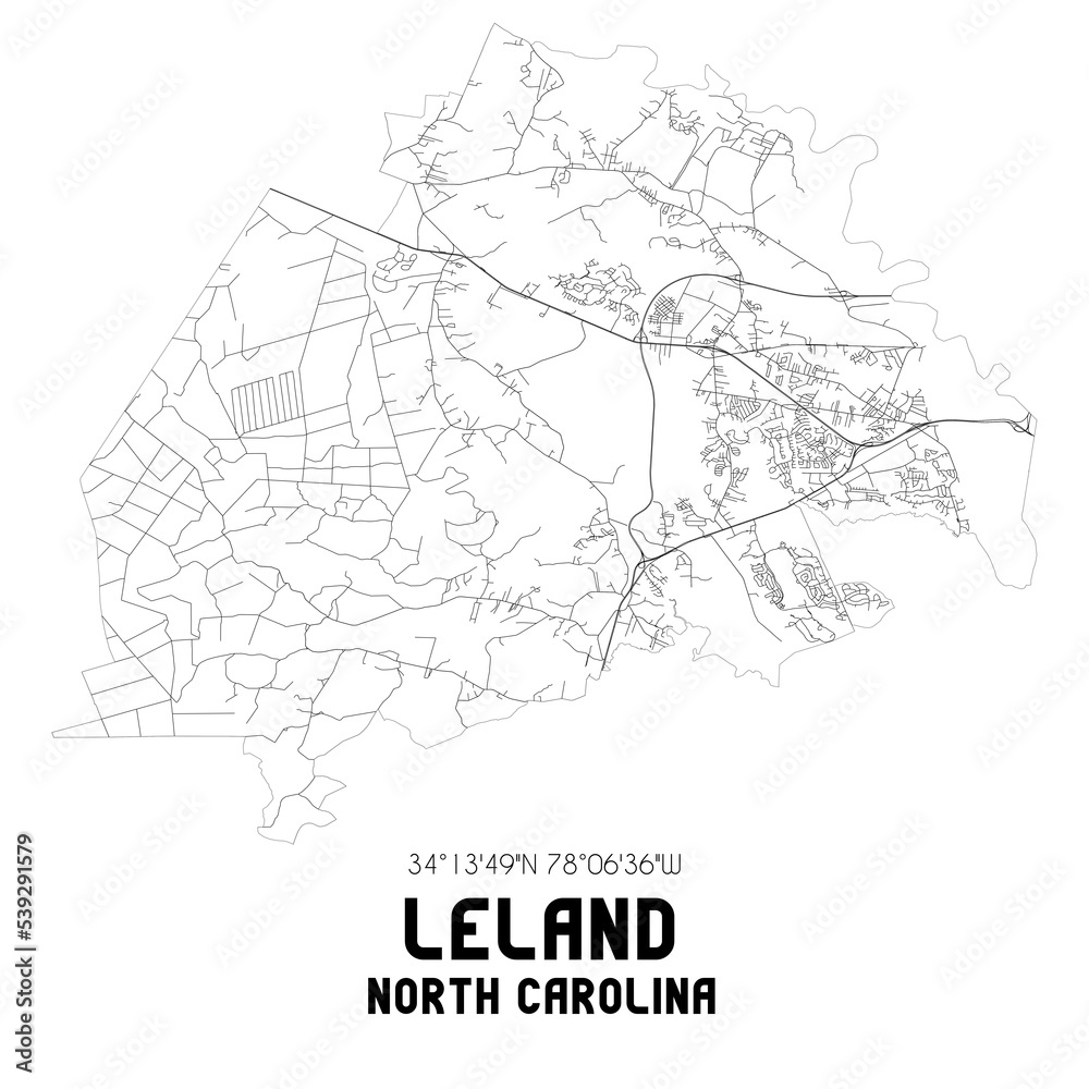 Leland North Carolina. US street map with black and white lines.