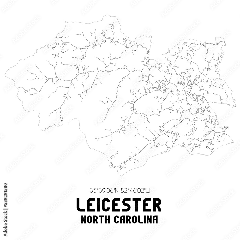 Leicester North Carolina. US street map with black and white lines.