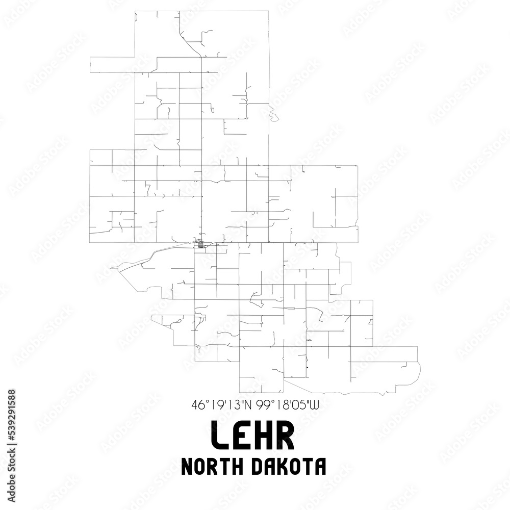 Lehr North Dakota. US street map with black and white lines.