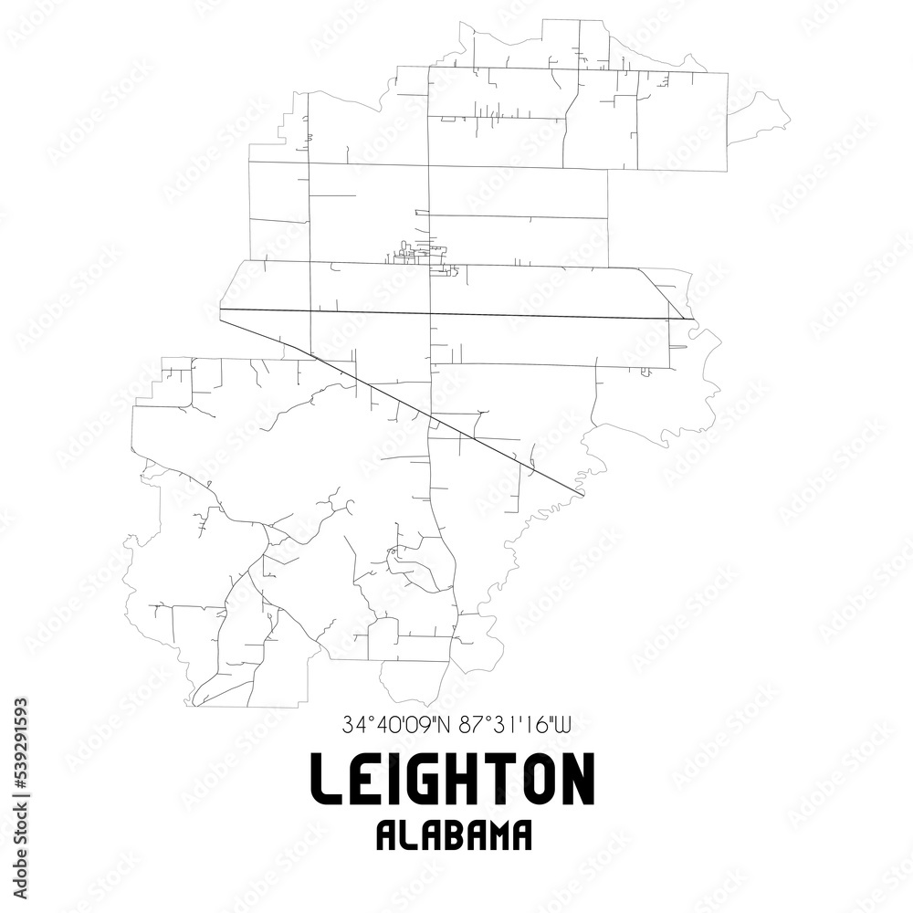 Leighton Alabama. US street map with black and white lines.