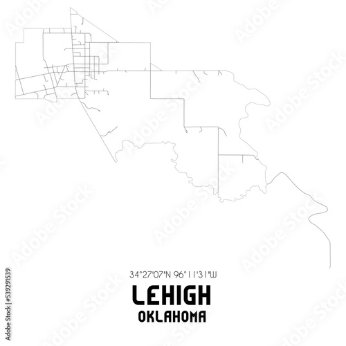 Lehigh Oklahoma. US street map with black and white lines.