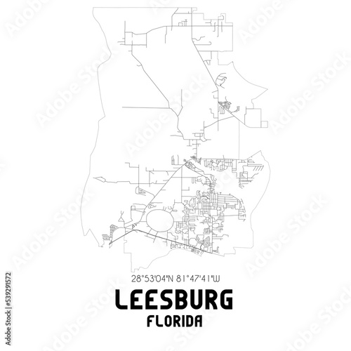 Leesburg Florida. US street map with black and white lines.