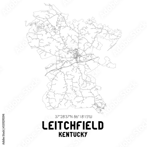 Leitchfield Kentucky. US street map with black and white lines.