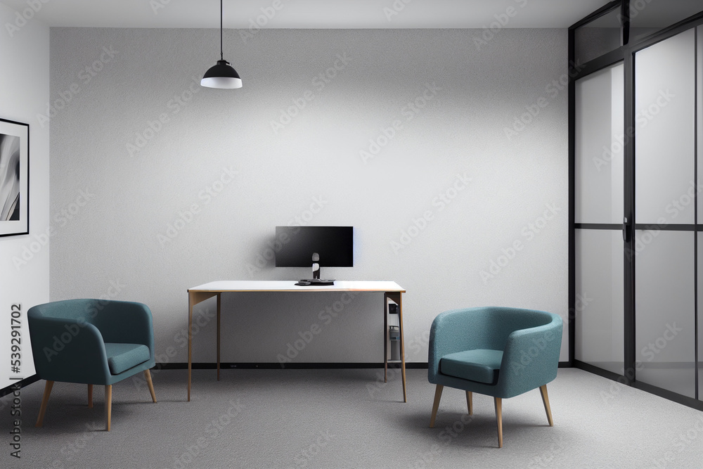 Empty office room with a mock white wall, chair and table for your logo. Office room with a floor wall, to place the corporate attributes of the company. 3D Office Rendering Empty office room with a mock white wall, chair and table for your logo. Office room with a floor wall, to place the corporate attributes of the company. 3D Office Rendering