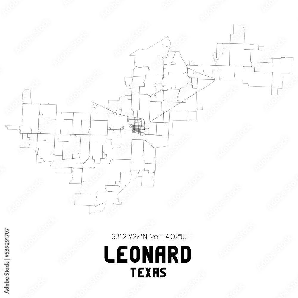 Leonard Texas. US street map with black and white lines.