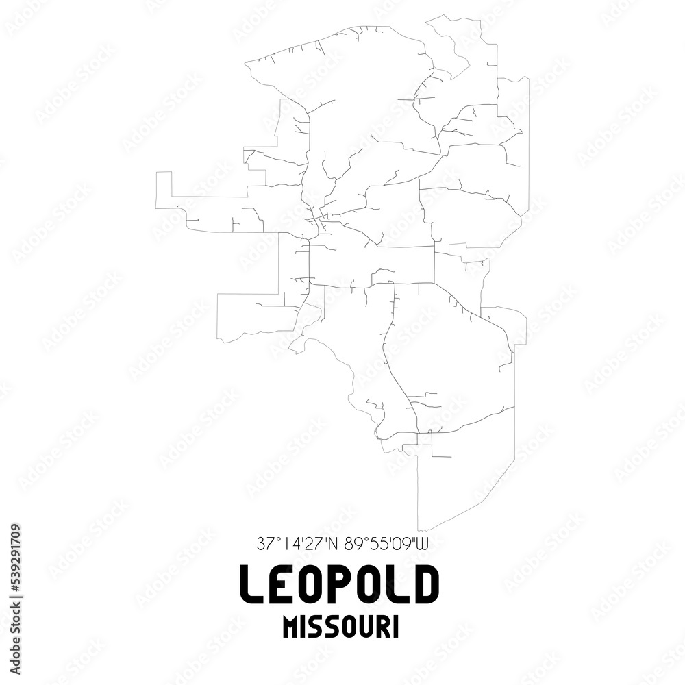 Leopold Missouri. US street map with black and white lines.